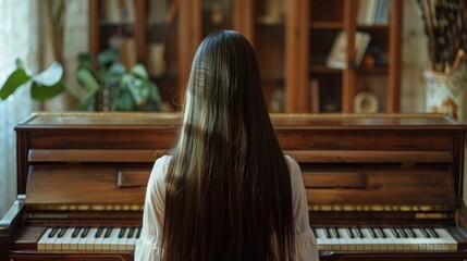 back view of a female with long beautiful hairs playing piano