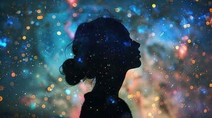 silhouette of woman with galaxies background
