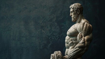 Bodybuilder male Greek Sculpture with Muscles on dark background, copy space