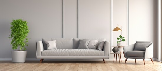 This image showcases a modern living room with a gray sofa, a chair, and a potted plant on a parquet wooden floor. The stylish interior features trendy furniture and elegant accessories.