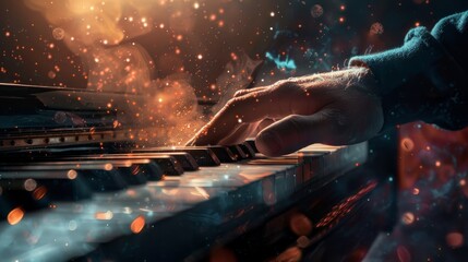 closeup image of hands playing a piano - obrazy, fototapety, plakaty