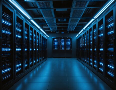 interior view of a modern server room with blue LED lights illuminating the server racks