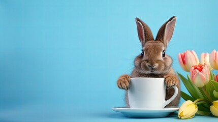 rabbit holding a mug with hot coffee on a blue background with copy space