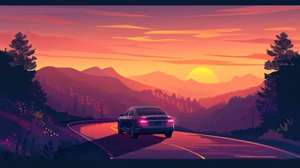 Rolgordijnen illustration car in the mountain landscape road at sunset © Nastya