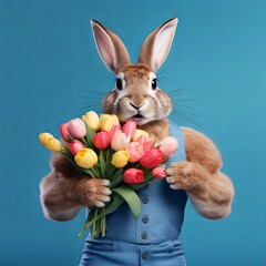 Easter sporty rabbit holding bouquet of tulips on blue background - obrazy, fototapety, plakaty