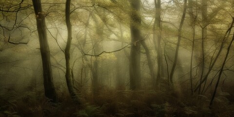 Ethereal morning mist weaves through a forest, casting soft light among the delicate greens and earthy browns of the woodland.