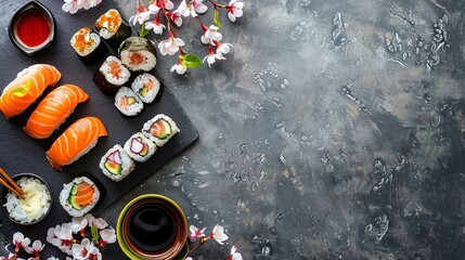 sushi on gray concrete table with spring flowers, sushi for Easter, background with copy space