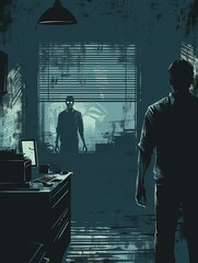 An office scene with a zombie lurking in the shadows
