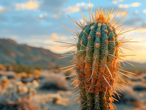 Zoom in on the sharp spines and unique silhouette of a cactus against a desert backdrop