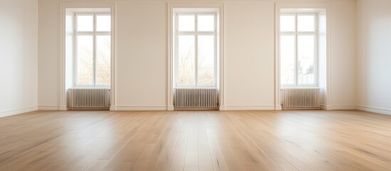 Fototapeta premium A spacious room with three windows offering natural light, showcasing a beautiful hardwood floor. The room is unfurnished, providing a blank canvas for any design style or purpose.