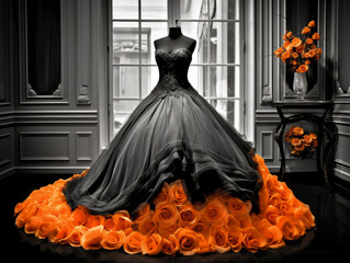 Luxurious wedding dress, prom dress on display in black and orange. Perfect for upscale bridal campaigns, designer showcases, and luxury editorial spreads. - obrazy, fototapety, plakaty