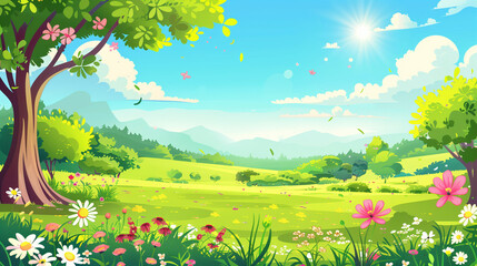Vibrant Cartoon Landscape, Bright Nature Scene, Idyllic Summer Meadow