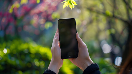 Hand Holding a Smartphone Outside, Nature Background