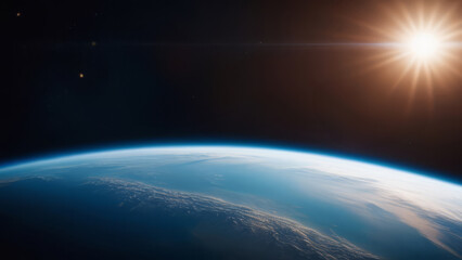 Sunrise over Earth as seen from space, a stunning view with sunburst and atmospheric glow, ideal for backgrounds and space themes