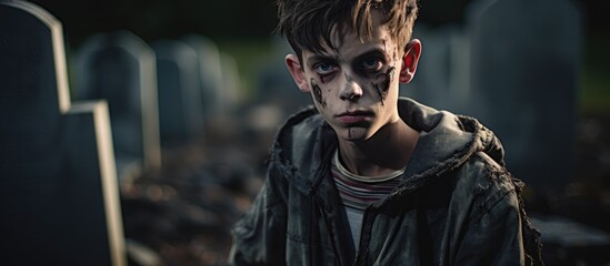 A boy with zombie makeup is in a cemetery, embodying the fictional character with jawdropping acting. The darkness adds to the eerie art of the scene, reminiscent of a movie