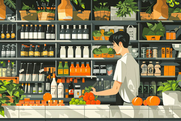 Illustration of Man in a Grocery Supply Shop. Man Running Small Business. Supermarket Concept