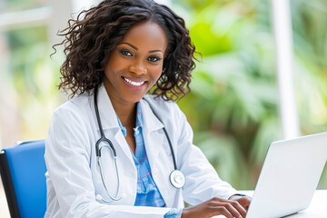 African American Doctor Woman Using Laptop at Hospital. Doctor Woman in her Office. Healthcare Concept