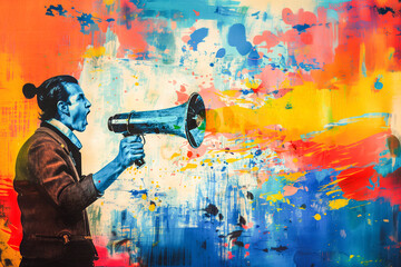 Illustration of Man Holding Megaphone Screaming, Marketing Concept with Copy Space