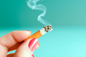 Closeup of Woman Hand Holding Cigarette Burning. Stop Smoking Concept