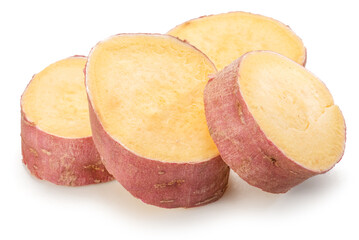 Red-skin sweet potato slices isolated on white background.