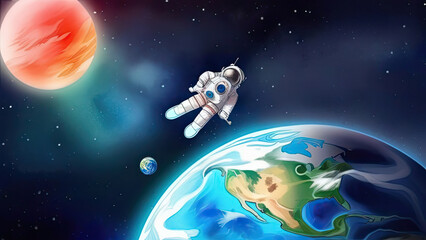 Fototapeta premium Astronaut floating in space with Earth and Mars-like planet in the background, vibrant illustration for education and creativity