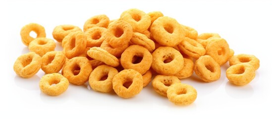 A pile of cheese rings, a finger food snack made from a mixture of ingredients including baked goods and terrestrial plant, displayed in symmetry on a white background