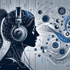 Portrait of a woman with hearing aids, headphones, and visualized sound patterns – a dance of abstract shapes.