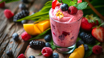 Smoothie mix fruits yogurt with different berries