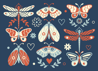 Mystery insects, retro spring vector collection on dark background. Isolated moth, dragonflies, butterfly. Sacred Modern graphic art. Limited color palette