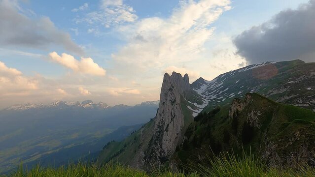 4K time lapse from the mountains in the Alpstein area on a slightly cloudy day. Saxer Lücke. Saxer Gap.