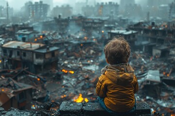 With their back to the camera, a child witnesses the devastation of a city torn apart by war and...