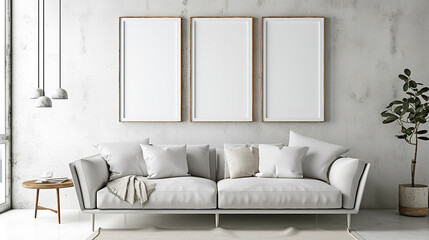 modern living room with white interior and three empty wall frame mockup poster 