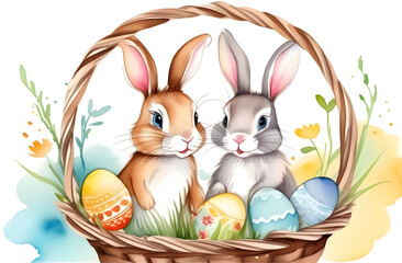illustration with Easter bunny in a basket with colored eggs