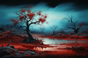 Obraz premium Contrasting Red blue landscape. Color nature. Generate Ai