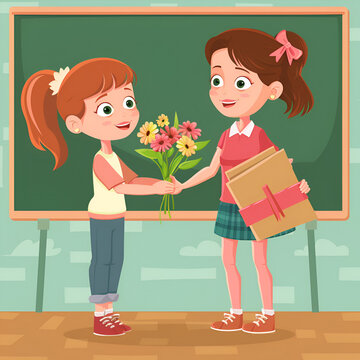 Happy teacher day illustration background with student giving flowers to teacher for teacher s day