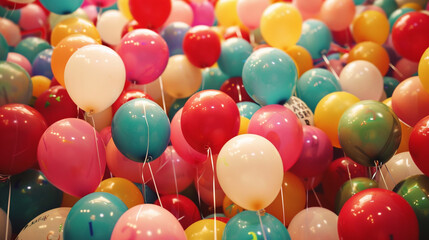 A colorful array of balloons filling a room from floor to ceiling, each one adorned with cheerful...