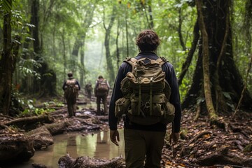 A man with a backpack hiking through a dense forest
