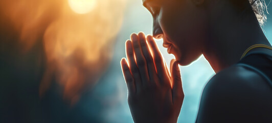 Serene Woman Praying in Warm Golden Light - obrazy, fototapety, plakaty