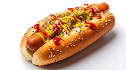 Gourmet Hot Dog with Toppings on White Background