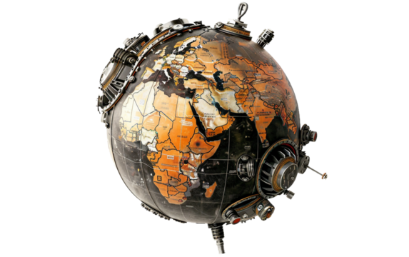 Robotic Globe with Mechanical Arms Indicating Directions Isolated on Transparent Background PNG.