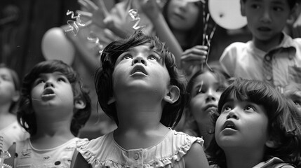 A group of children eagerly waiting in line for their turn to take a swing at the birthday pinata, their eyes shining with excitement as they anticipate the moment.