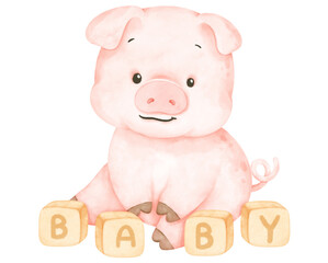 Cute pig and baby blocks watercolor