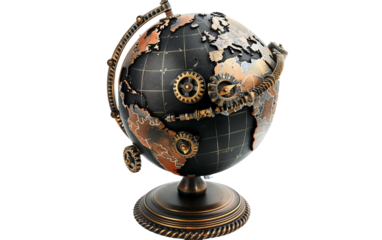Steampunk Inspired Globe with Gears and Mechanisms Isolated on Transparent Background PNG.