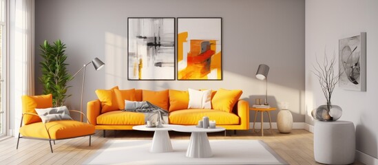 A modern living room is filled with various pieces of furniture, including a sofa, coffee table, and armchair. On the wall hangs a large painting.