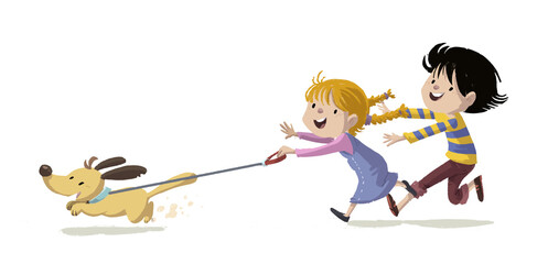 Niños corriendo con su perro