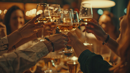 A group of friends raising their glasses in a toast to the birthday person, their smiles reflecting the warmth and camaraderie of the celebration as they wish them happiness  - Powered by Adobe