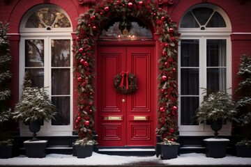 Fototapeta na wymiar Dazzling Door Christmas colorful decoration. Red door exterior with colorful lights. Generate Ai