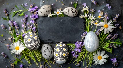 Composition of Easter eggs and flowers around a writing space.Generated image