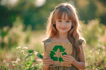 Girl holding a paper bag with the recycling symbol in the middle of the field