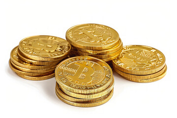 Golden bitcoin coins stacked, isolated on white background.